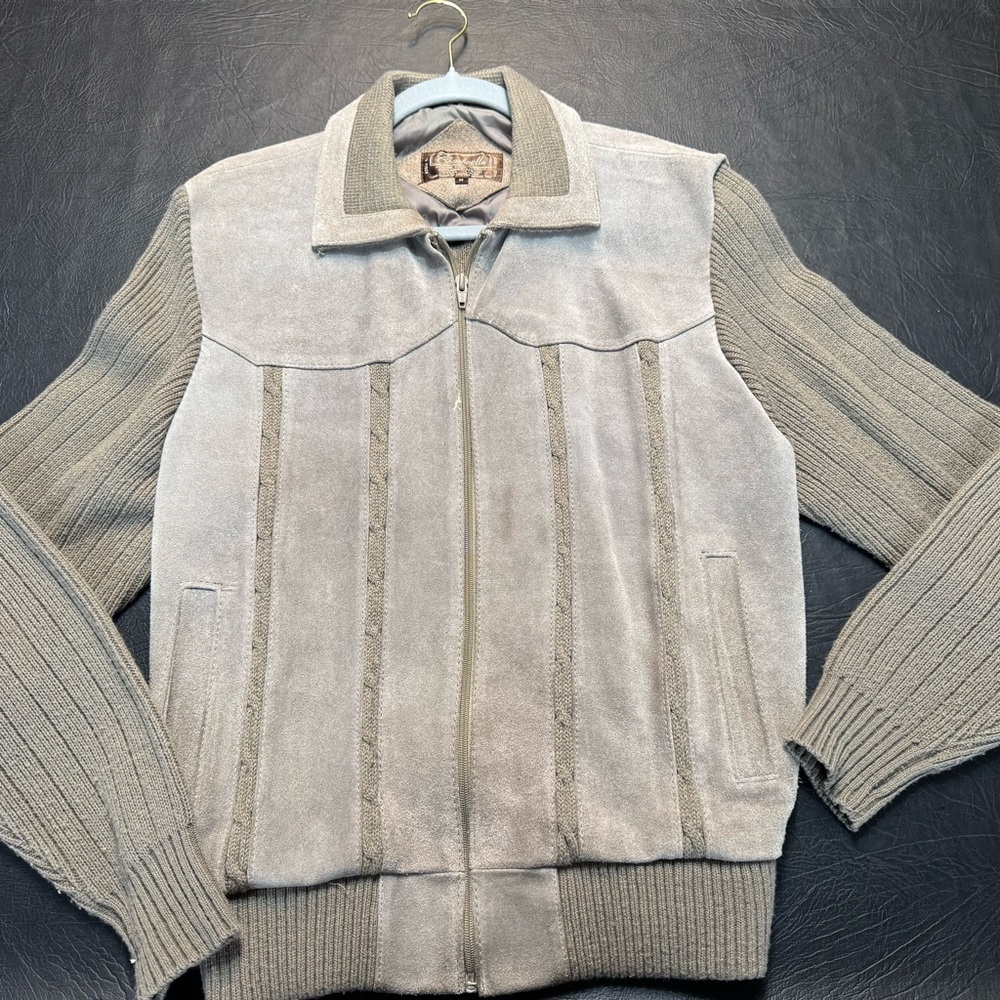 Chartwell Genuine Suede Leather Knit Jacket Size M Taupe Full Zip